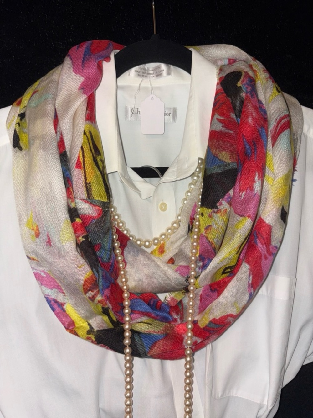 Abstract Floral Infinity Scarf Multicolor Silk Cotton Fringe EUC Boho Chic